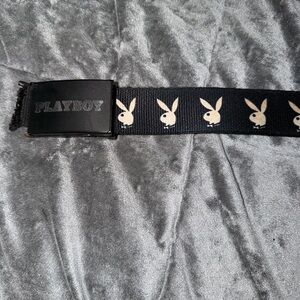 PLAYBOY Black Web Belt with Ivory Bunny Motif